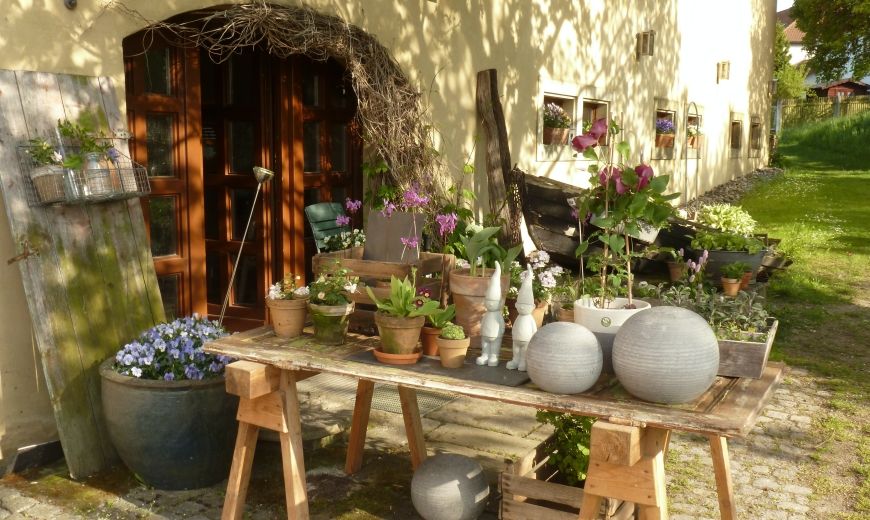 Holztisch für den Garten mit Töpfen und Pflanzen in der Gartengalerie23 Dresden